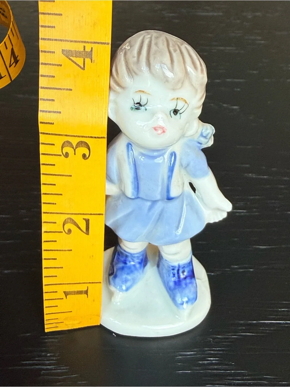 Vintage Hand-Painted Porcelain Girl, Blue Skates, Pigtails Made in Taiwan 4”
